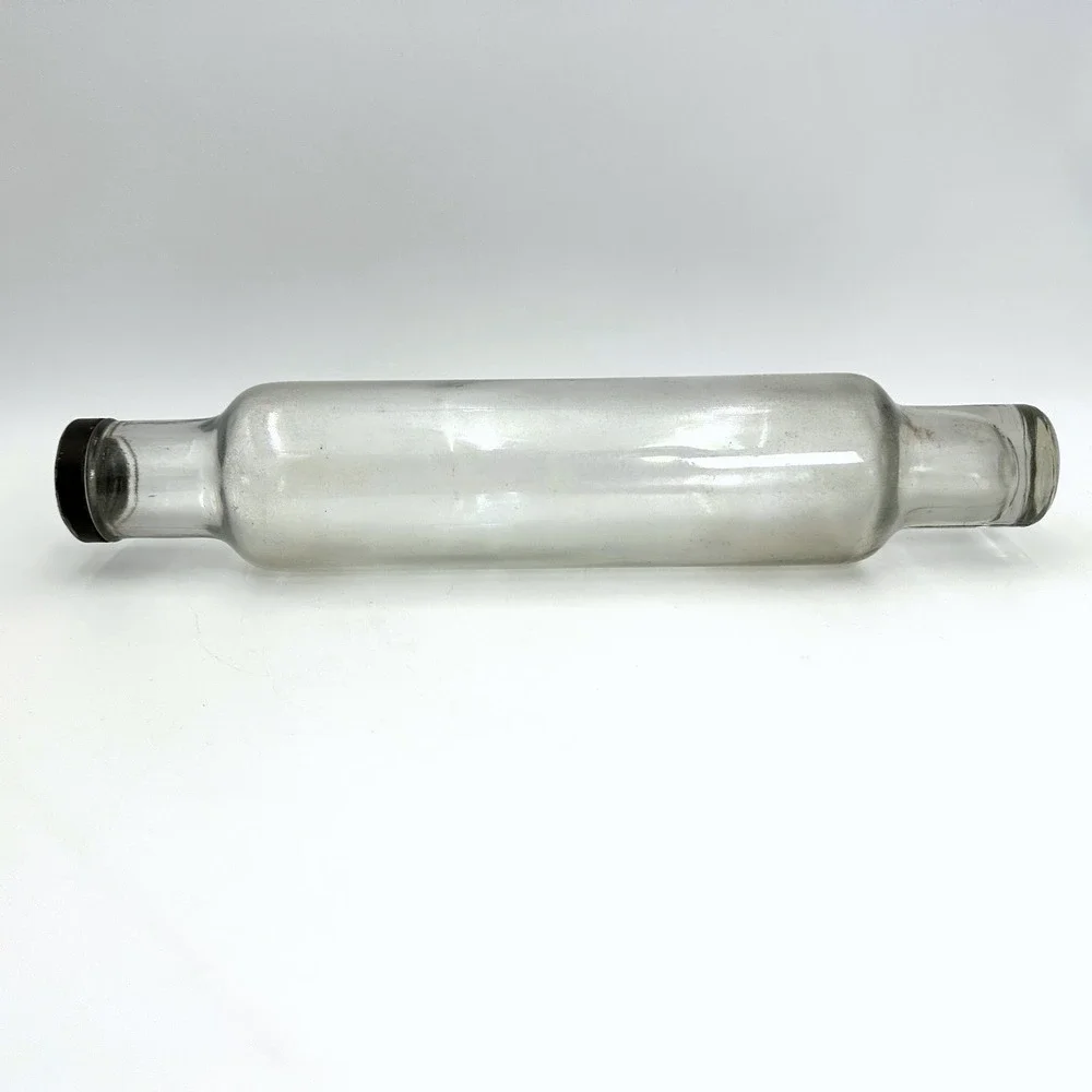 Vintage Glass Rolling Pin Clear Original Metal Cap Hollow Pastry Rustic Kitchen